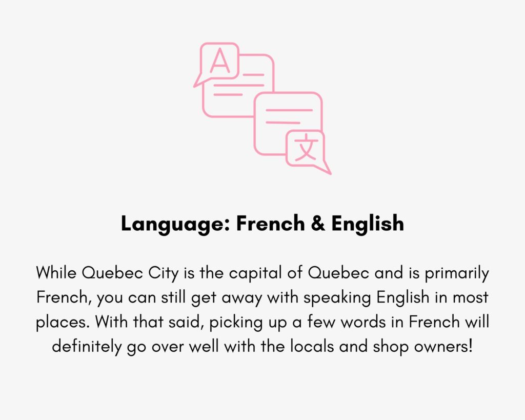 Graphic showing language statistics in Quebec City. The official language is French, but as it is a popular tourism destination, English is also spoken.